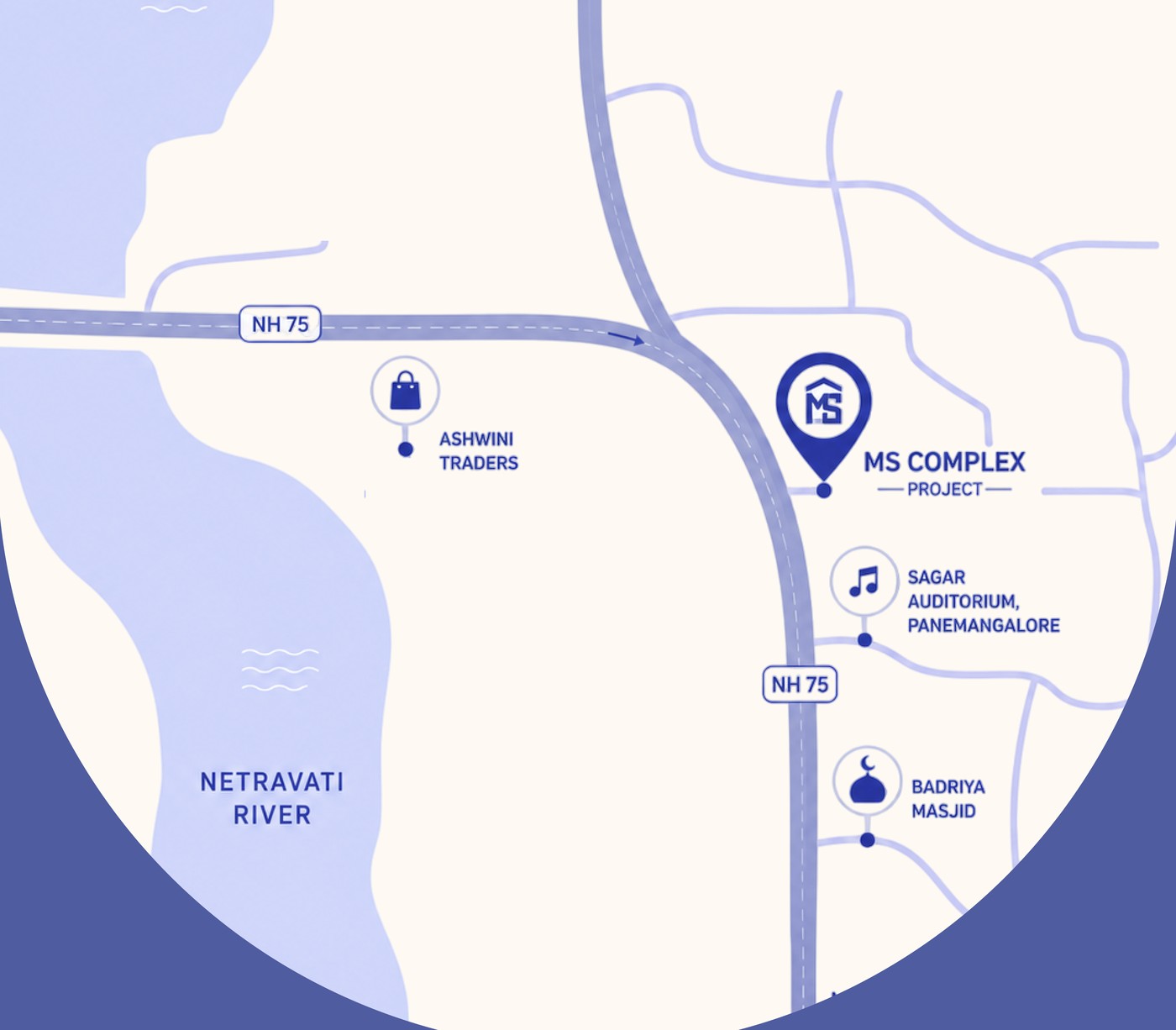 MS Complex Location Map — NH 75 & Netravati River, Panemangalore